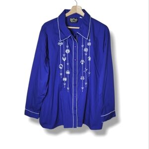 Bob Mackie Zodiac Embroidered Shirt 2X Royal Blue Silver Thread Celestial